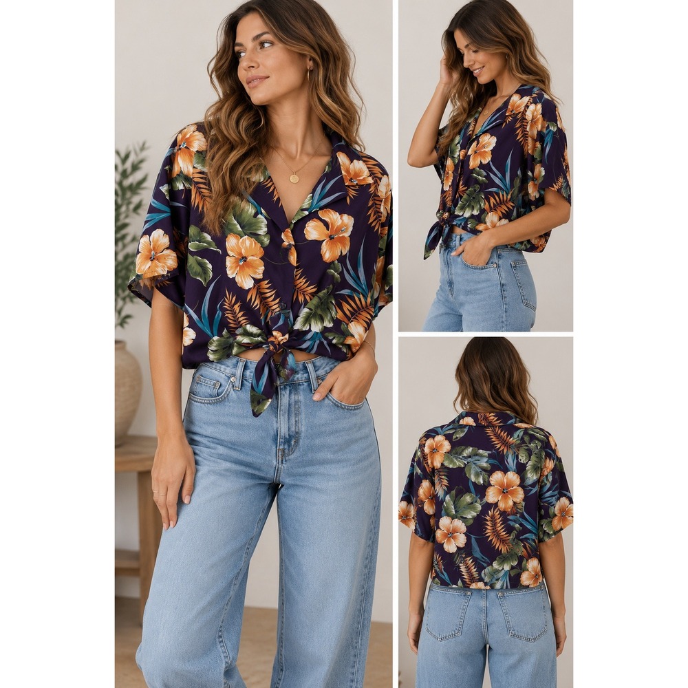 Hilo Hattie Hawaiian Shirt Womens XL Purple Tropical Floral Tie Front Aloha Top